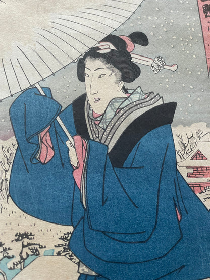 Edo 1847–1852 Ukiyo-e Ueno Shinobazu Pond in Snow – Winter Landscape Diptych by Utagawa Kunisada (Approximately 38X48CM)