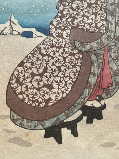 Edo 1847–1852 Ukiyo-e Ueno Shinobazu Pond in Snow – Winter Landscape Diptych by Utagawa Kunisada (Approximately 38X48CM)