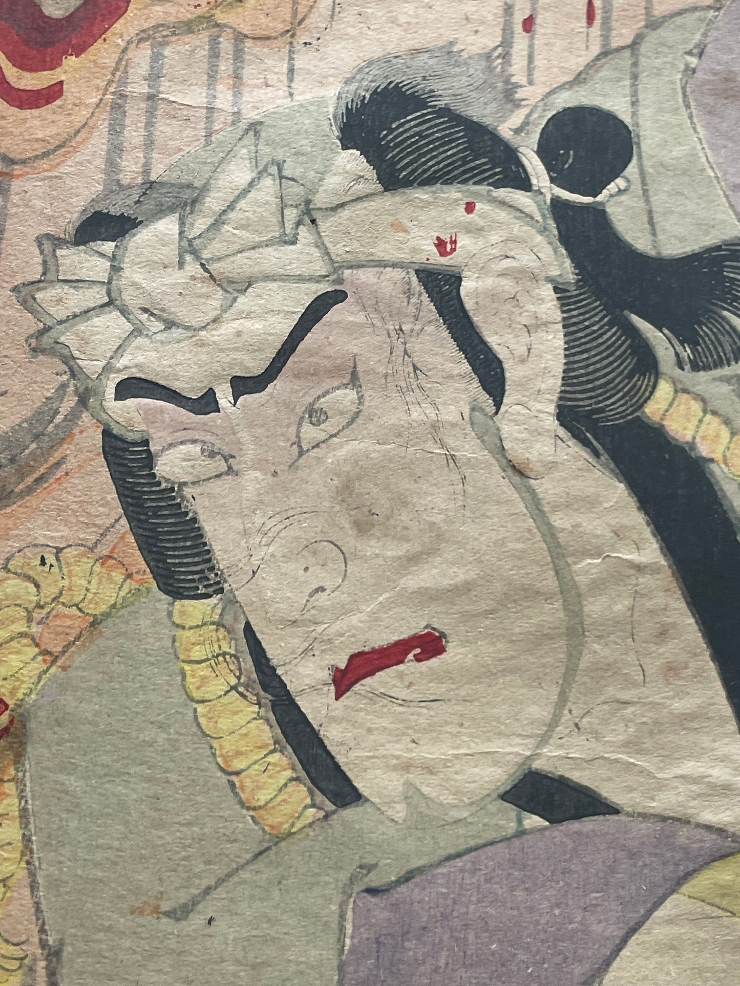 Meiji 1879 Ukiyo-e "Hamamatsu-jō Kiroku Kikigaki" Kabuki Scene by Toyohara Kunichika (Approximately 37X75CM)
