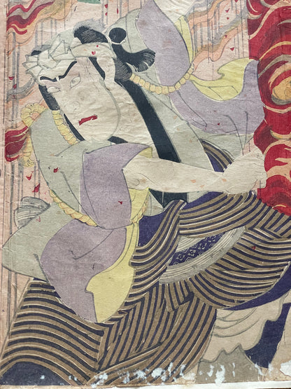 Meiji 1879 Ukiyo-e "Hamamatsu-jō Kiroku Kikigaki" Kabuki Scene by Toyohara Kunichika (Approximately 37X75CM)
