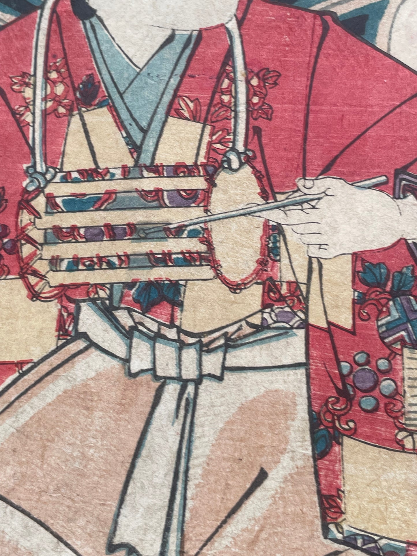 Meiji 1880s Kabuki Triptych "Shinpan Kyōgen Hanakurabe" by Toyohara Kunichika (Approximately 75X38CM)