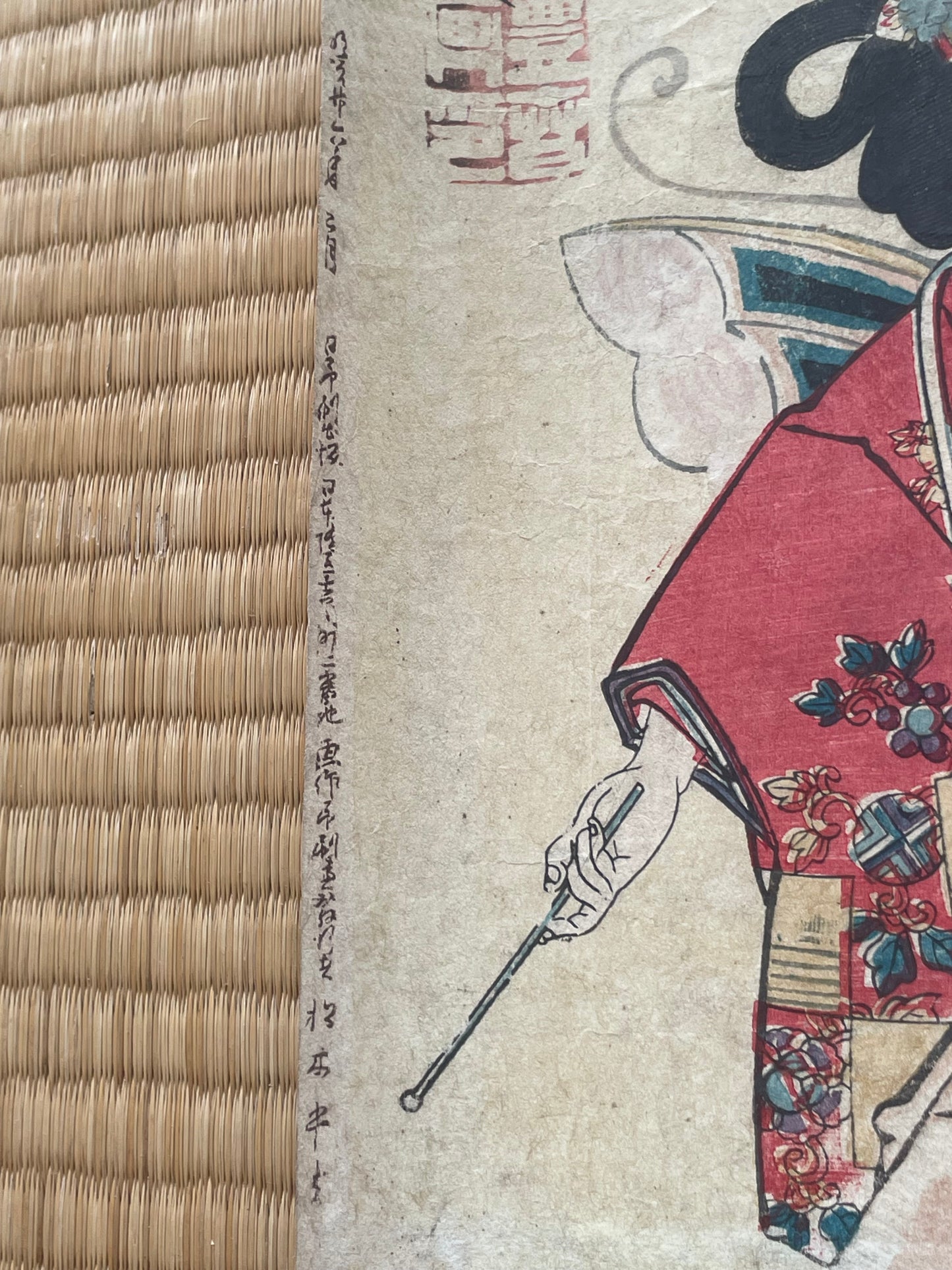 Meiji 1880s Kabuki Triptych "Shinpan Kyōgen Hanakurabe" by Toyohara Kunichika (Approximately 75X38CM)