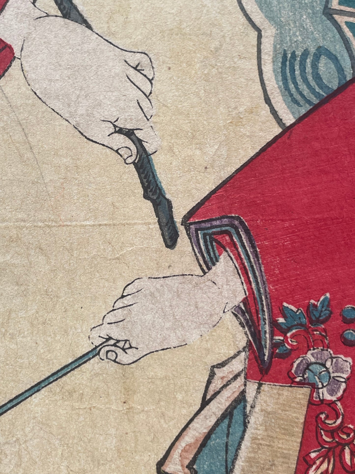 Meiji 1880s Kabuki Triptych "Shinpan Kyōgen Hanakurabe" by Toyohara Kunichika (Approximately 75X38CM)