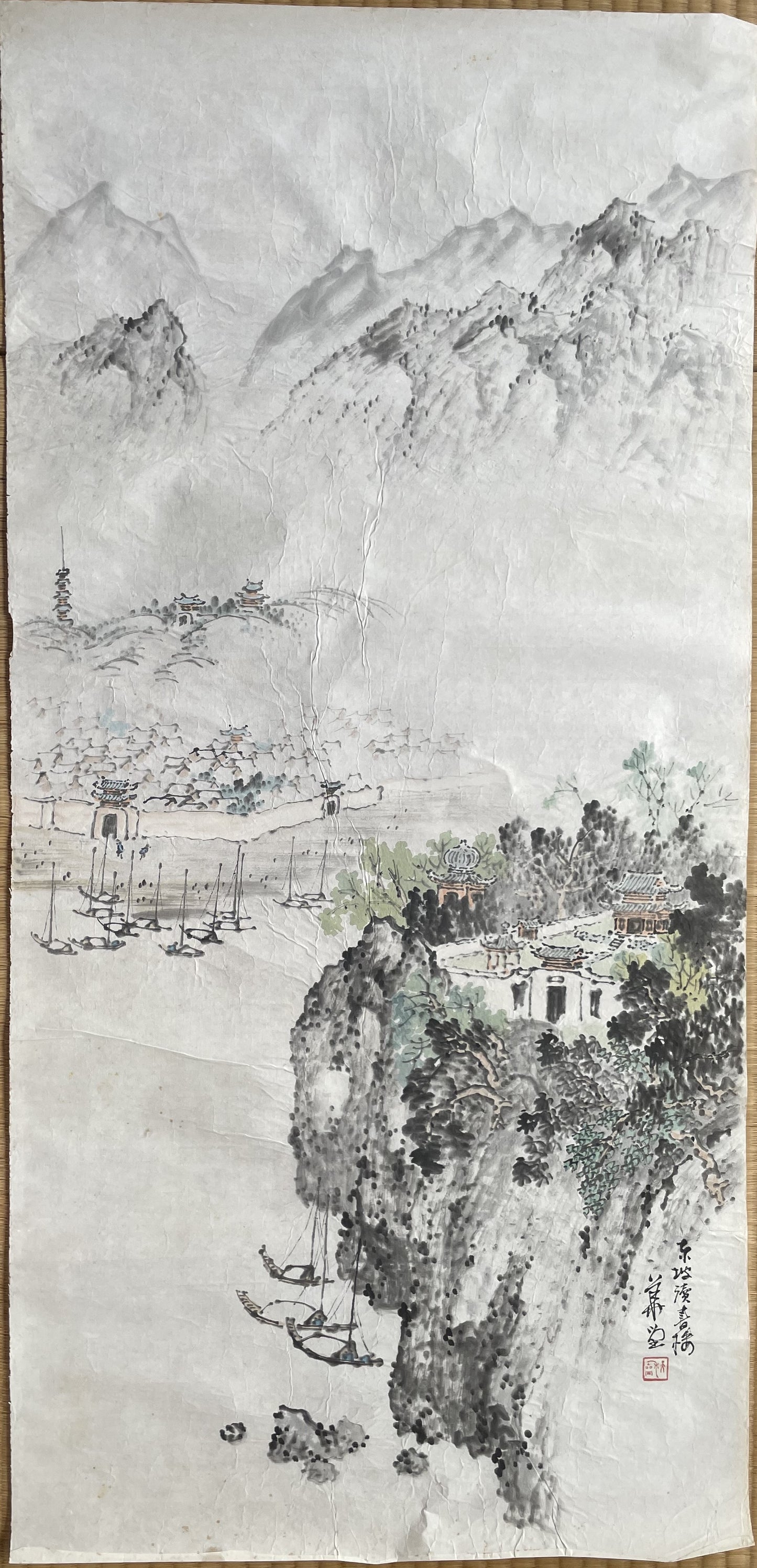 1920–1950 Ink Painting Kanemochi Landscape with Harbor and Temple by Kanemochi (Approximately 43X91CM)