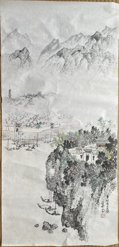 1920–1950 Ink Painting Kanemochi Landscape with Harbor and Temple by Kanemochi (Approximately 43X91CM)