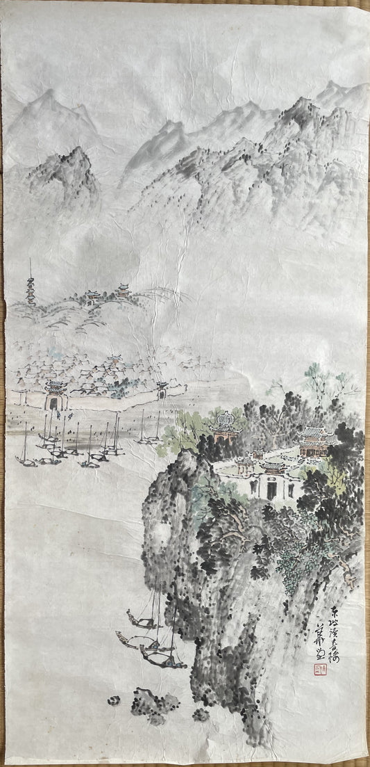 1920–1950 Ink Painting Kanemochi Landscape with Harbor and Temple by Kanemochi (Approximately 43X91CM)