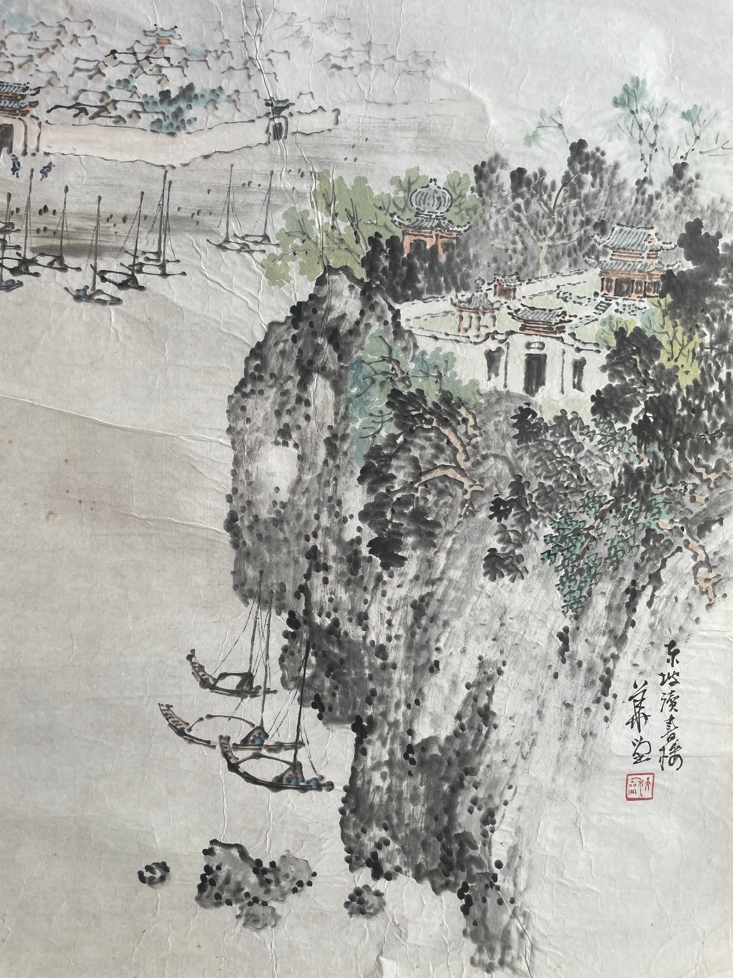 1920–1950 Ink Painting Kanemochi Landscape with Harbor and Temple by Kanemochi (Approximately 43X91CM)