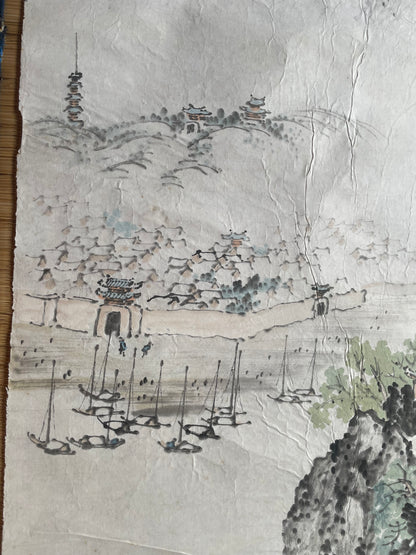 1920–1950 Ink Painting Kanemochi Landscape with Harbor and Temple by Kanemochi (Approximately 43X91CM)