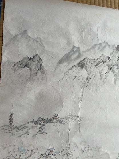1920–1950 Ink Painting Kanemochi Landscape with Harbor and Temple by Kanemochi (Approximately 43X91CM)