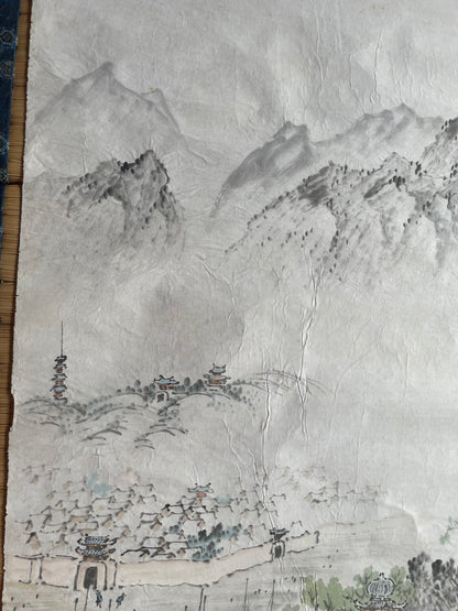1920–1950 Ink Painting Kanemochi Landscape with Harbor and Temple by Kanemochi (Approximately 43X91CM)