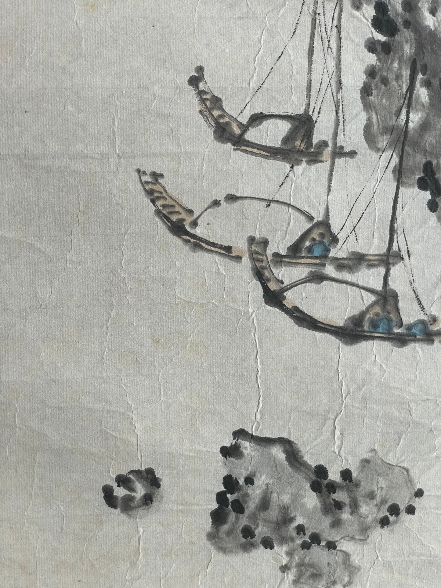 1920–1950 Ink Painting Kanemochi Landscape with Harbor and Temple by Kanemochi (Approximately 43X91CM)