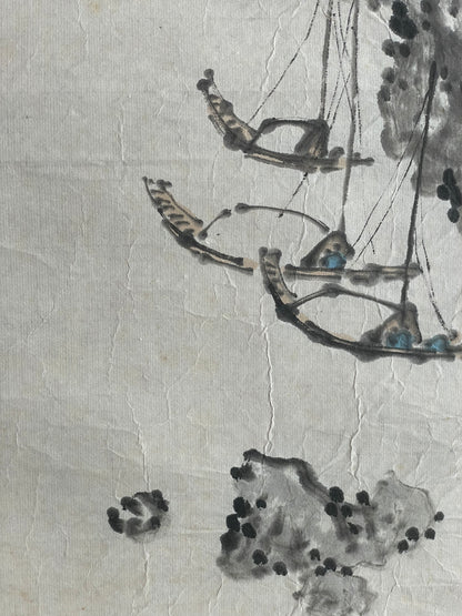 1920–1950 Ink Painting Kanemochi Landscape with Harbor and Temple by Kanemochi (Approximately 43X91CM)