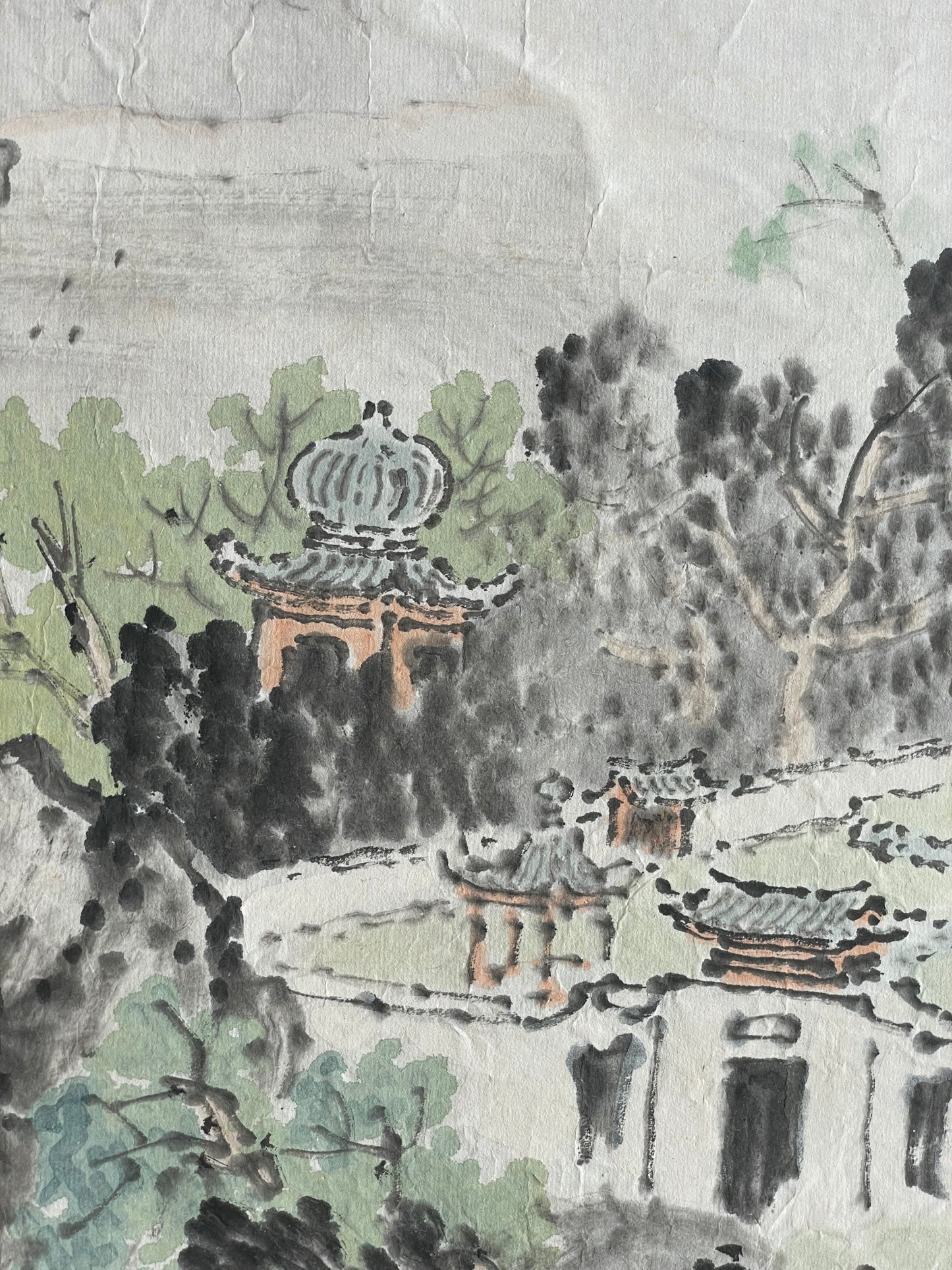 1920–1950 Ink Painting Kanemochi Landscape with Harbor and Temple by Kanemochi (Approximately 43X91CM)