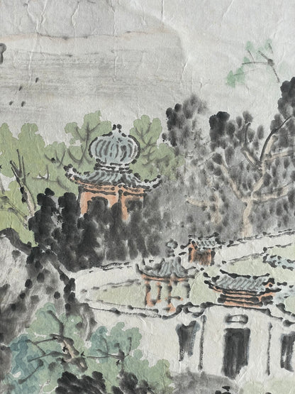 1920–1950 Ink Painting Kanemochi Landscape with Harbor and Temple by Kanemochi (Approximately 43X91CM)