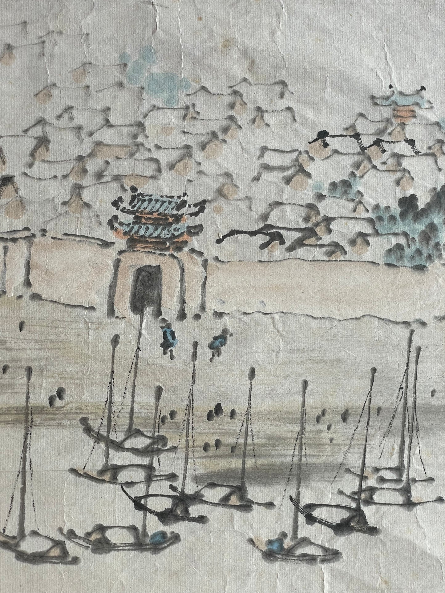 1920–1950 Ink Painting Kanemochi Landscape with Harbor and Temple by Kanemochi (Approximately 43X91CM)