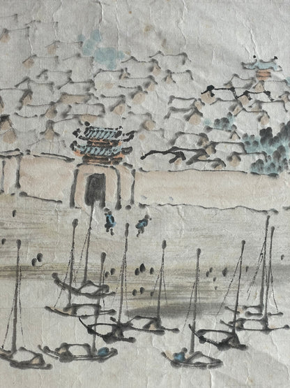 1920–1950 Ink Painting Kanemochi Landscape with Harbor and Temple by Kanemochi (Approximately 43X91CM)
