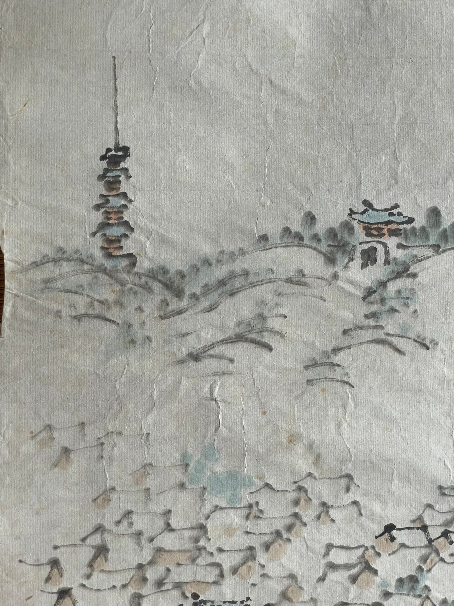 1920–1950 Ink Painting Kanemochi Landscape with Harbor and Temple by Kanemochi (Approximately 43X91CM)