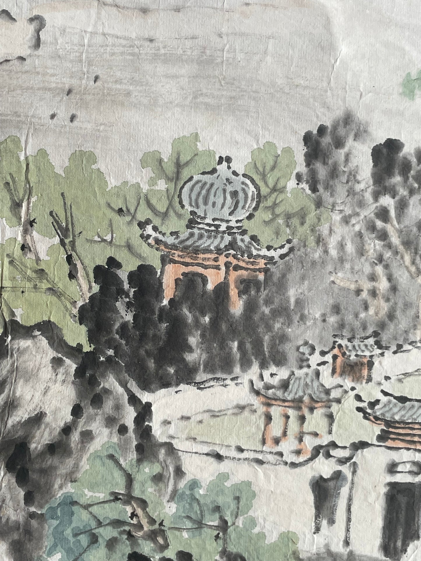1920–1950 Ink Painting Kanemochi Landscape with Harbor and Temple by Kanemochi (Approximately 43X91CM)