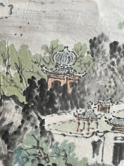 1920–1950 Ink Painting Kanemochi Landscape with Harbor and Temple by Kanemochi (Approximately 43X91CM)