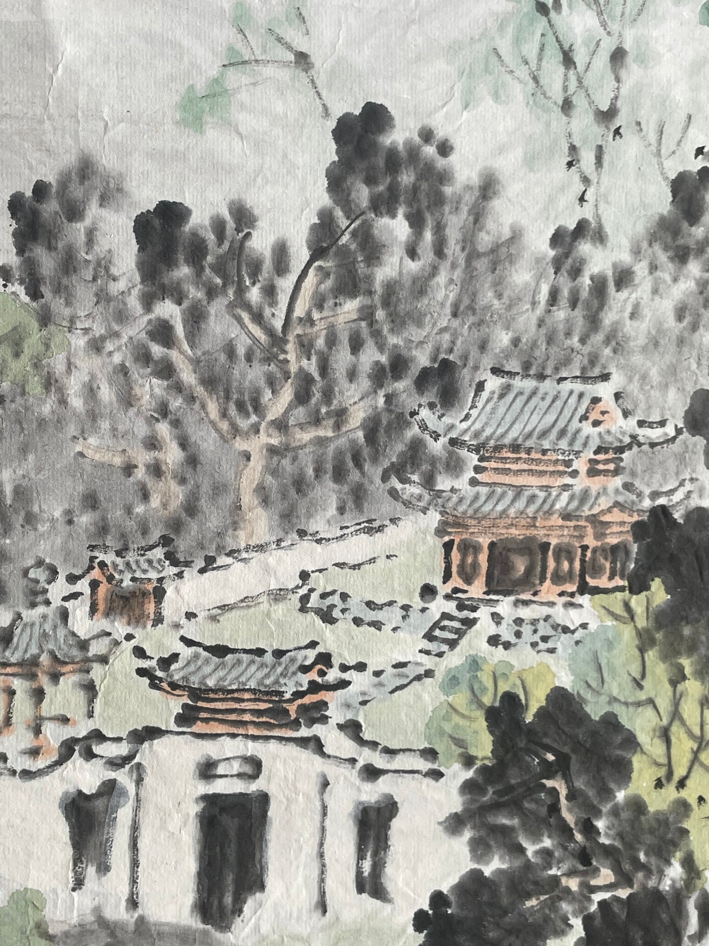 1920–1950 Ink Painting Kanemochi Landscape with Harbor and Temple by Kanemochi (Approximately 43X91CM)