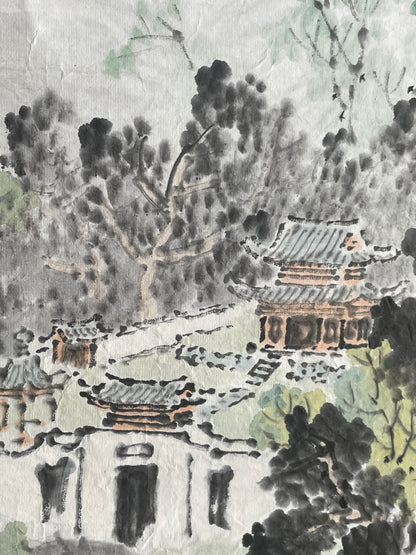 1920–1950 Ink Painting Kanemochi Landscape with Harbor and Temple by Kanemochi (Approximately 43X91CM)