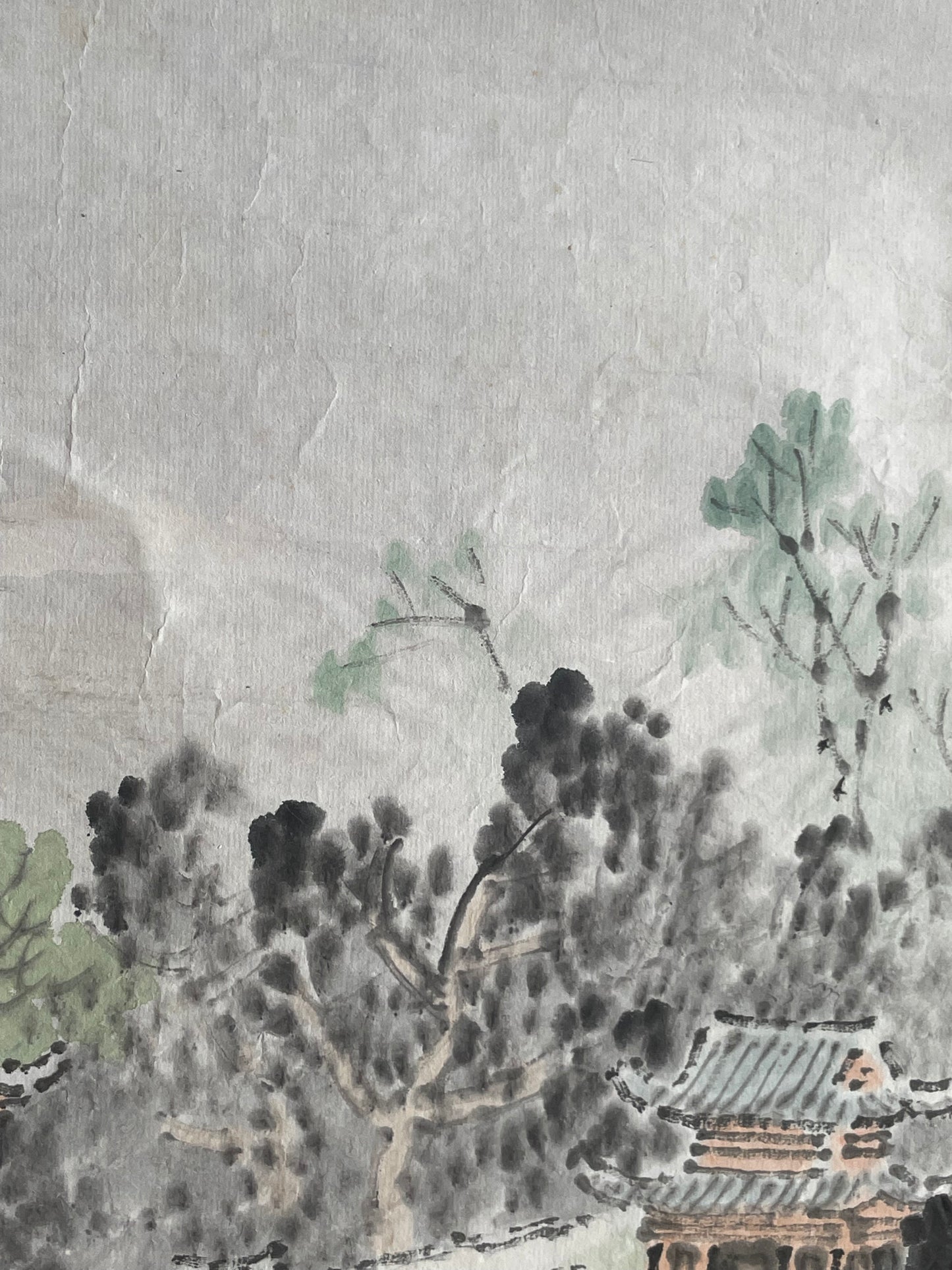 1920–1950 Ink Painting Kanemochi Landscape with Harbor and Temple by Kanemochi (Approximately 43X91CM)