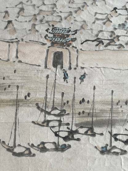 1920–1950 Ink Painting Kanemochi Landscape with Harbor and Temple by Kanemochi (Approximately 43X91CM)