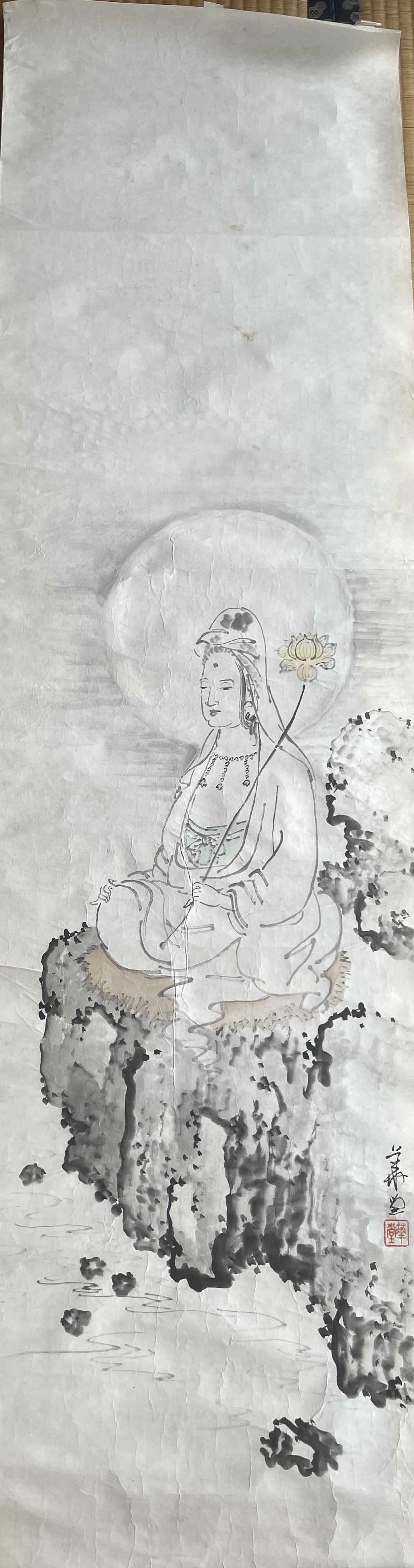 1920–1950 White-Robed Kannon Sumi-e Ink Painting by Kanemochi (Approximately 41X150CM)