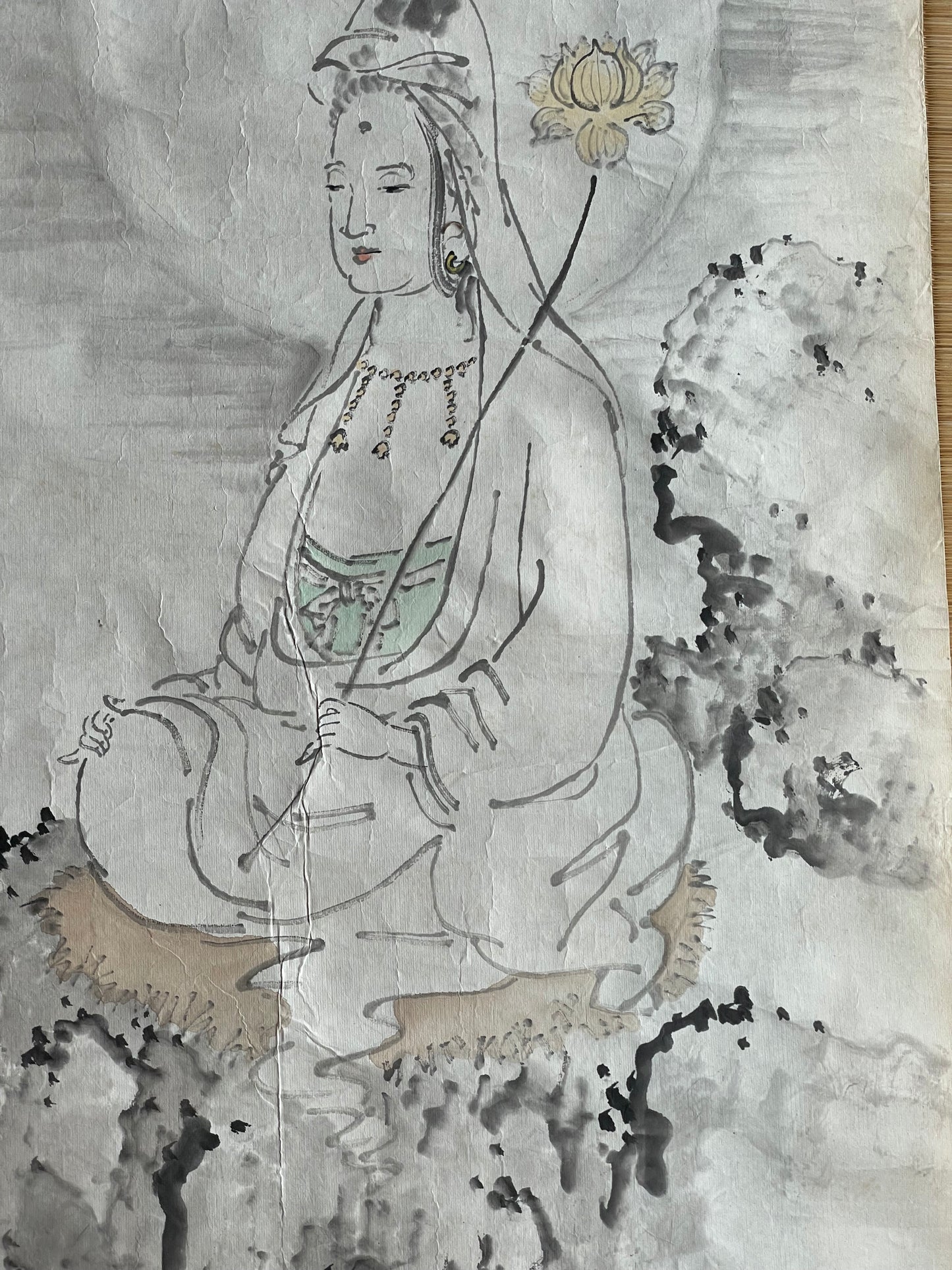 1920–1950 White-Robed Kannon Sumi-e Ink Painting by Kanemochi (Approximately 41X150CM)