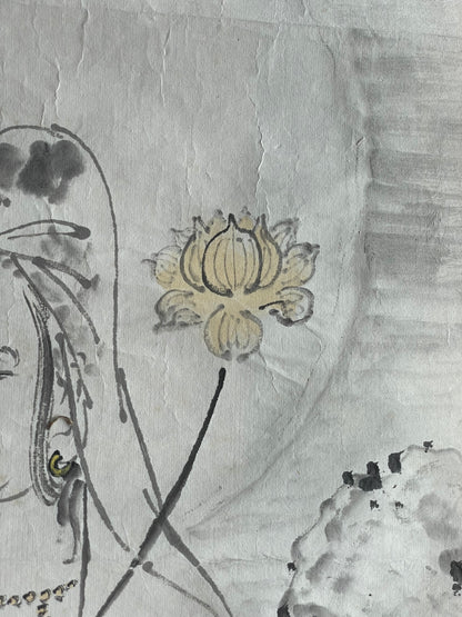 1920–1950 White-Robed Kannon Sumi-e Ink Painting by Kanemochi (Approximately 41X150CM)