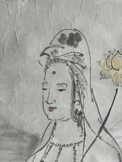 1920–1950 White-Robed Kannon Sumi-e Ink Painting by Kanemochi (Approximately 41X150CM)