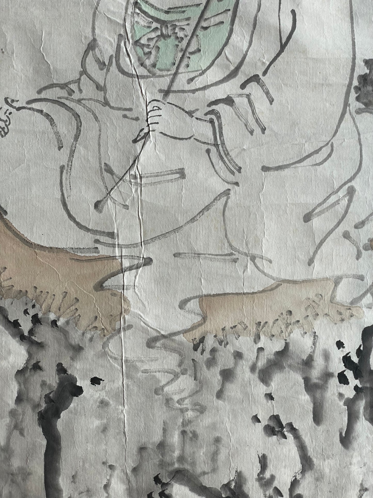 1920–1950 White-Robed Kannon Sumi-e Ink Painting by Kanemochi (Approximately 41X150CM)