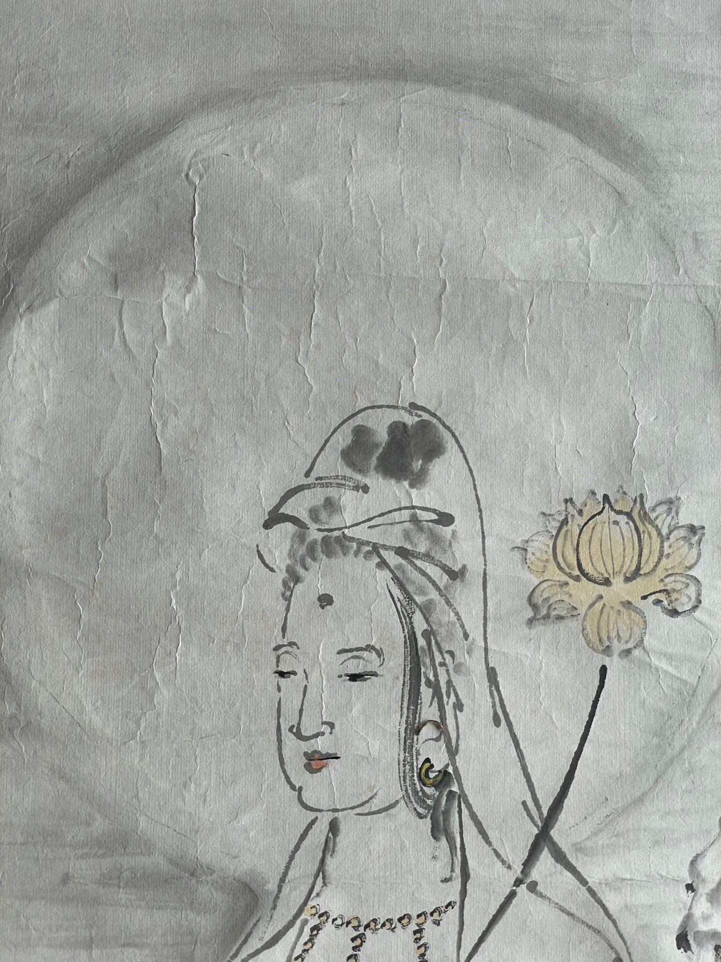 1920–1950 White-Robed Kannon Sumi-e Ink Painting by Kanemochi (Approximately 41X150CM)