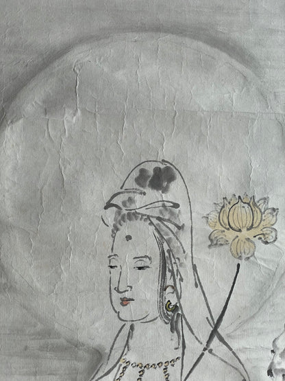 1920–1950 White-Robed Kannon Sumi-e Ink Painting by Kanemochi (Approximately 41X150CM)