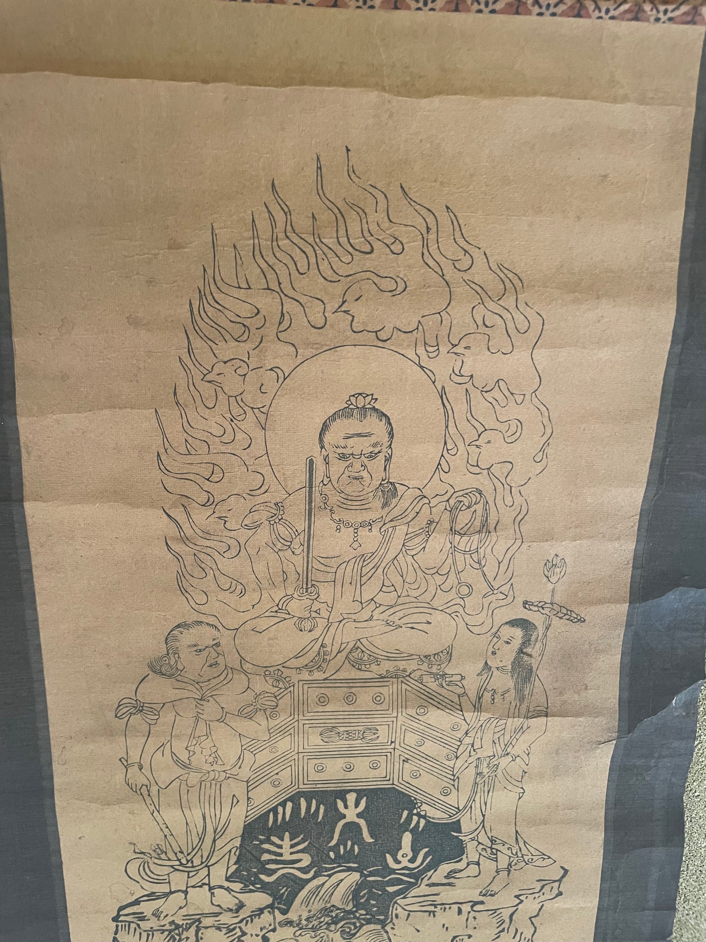 1800–1868 Edo Fudō Myōō with His Two Attendants (不動明王二童子図) Hanging Scroll – 91 × 28 cm