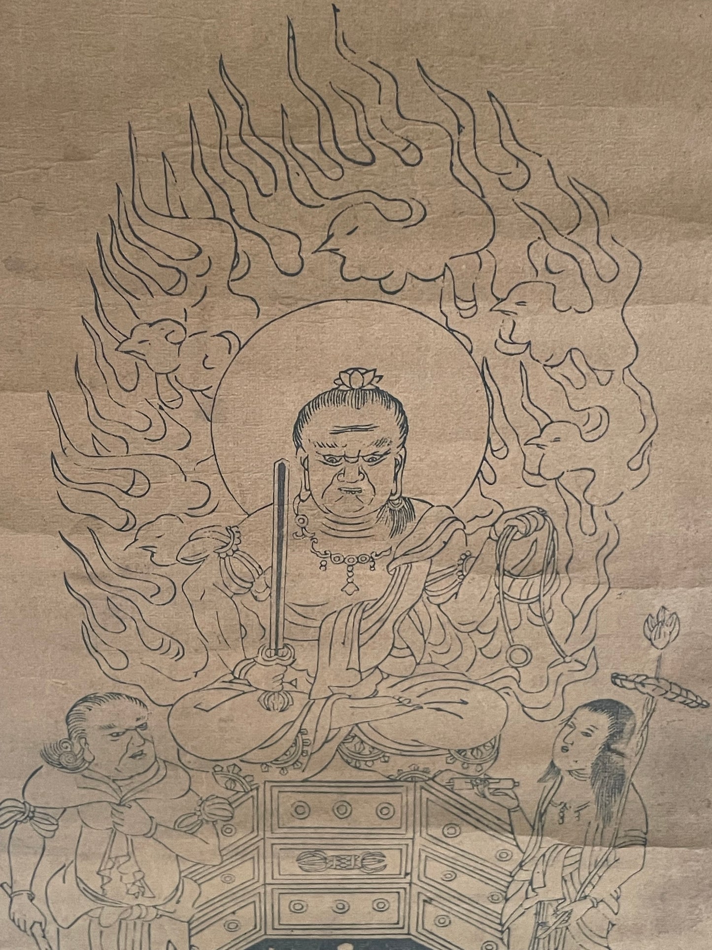 1800–1868 Edo Fudō Myōō with His Two Attendants (不動明王二童子図) Hanging Scroll – 91 × 28 cm