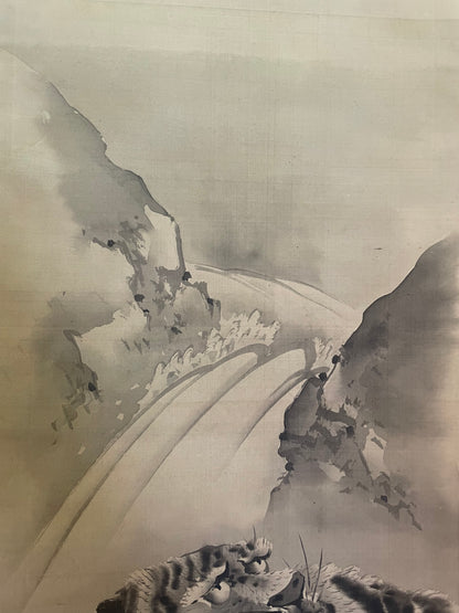 1890–1910 Kakejiku Tiger Beneath a Waterfall (瀑布猛虎図)  Signed 澄◯斎 (Approximately 172X43CM)