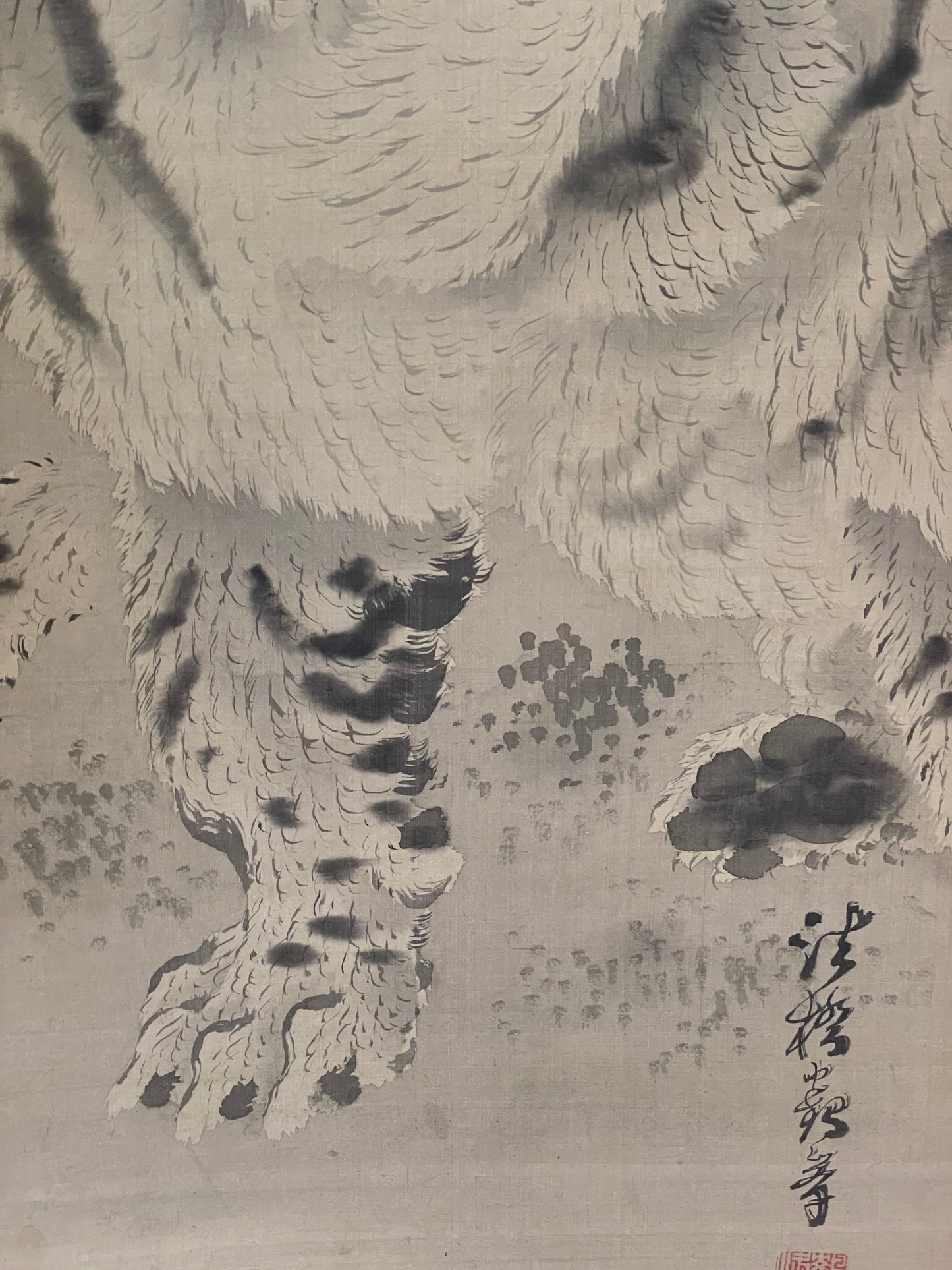 1890–1910 Kakejiku Tiger Beneath a Waterfall (瀑布猛虎図)  Signed 澄◯斎 (Approximately 172X43CM)