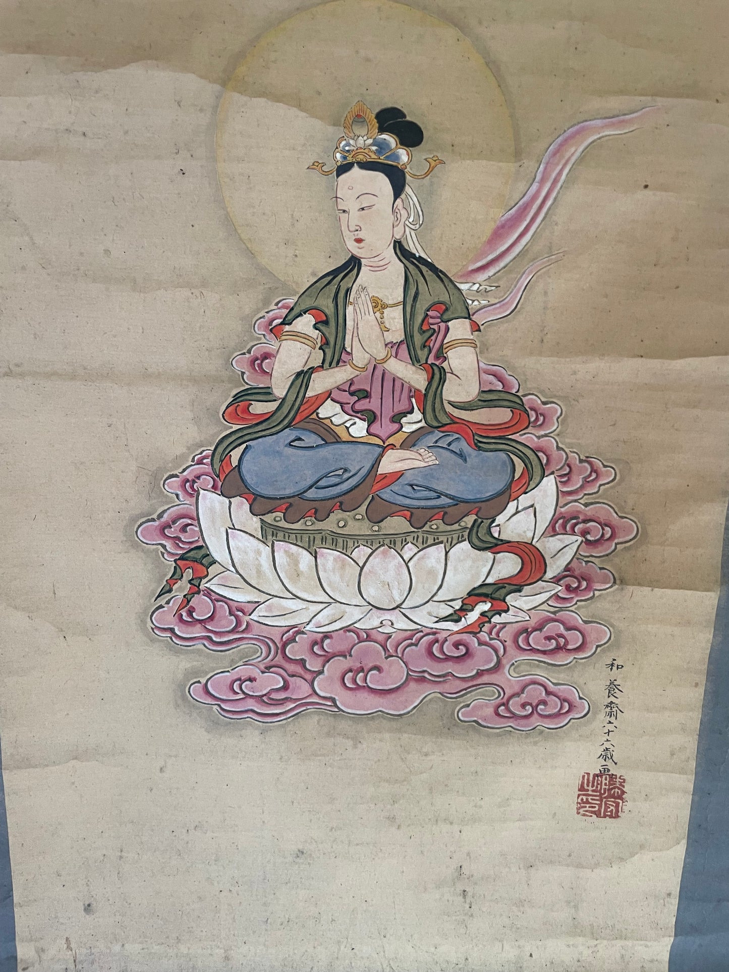 1890–1920 Buddhist Hanging Scroll Kannon Bosatsu on a Lotus Throne (観音菩薩図) by Wayōsai  (Approximately 34X124CM)