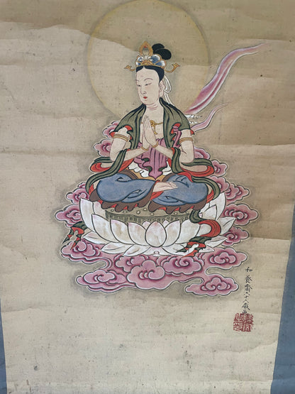 1890–1920 Buddhist Hanging Scroll Kannon Bosatsu on a Lotus Throne (観音菩薩図) by Wayōsai  (Approximately 34X124CM)