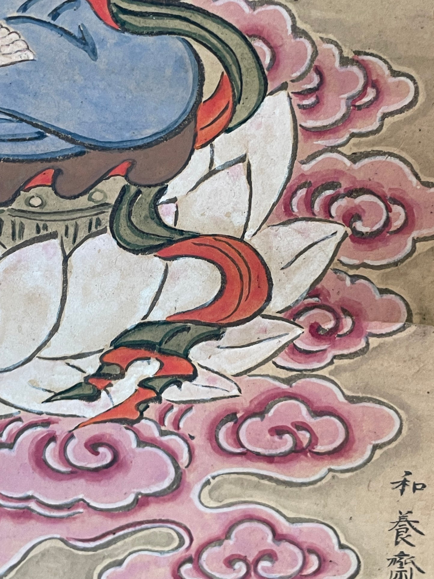 1890–1920 Buddhist Hanging Scroll Kannon Bosatsu on a Lotus Throne (観音菩薩図) by Wayōsai  (Approximately 34X124CM)