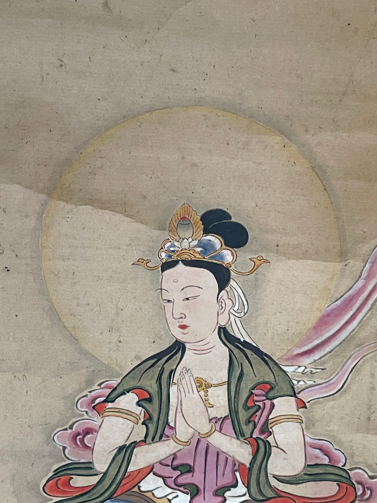 1890–1920 Buddhist Hanging Scroll Kannon Bosatsu on a Lotus Throne (観音菩薩図) by Wayōsai  (Approximately 34X124CM)