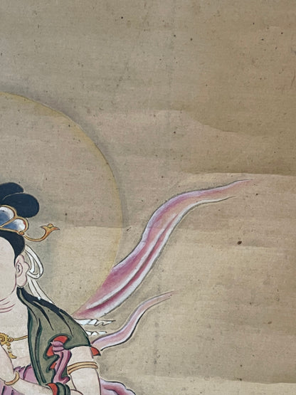 1890–1920 Buddhist Hanging Scroll Kannon Bosatsu on a Lotus Throne (観音菩薩図) by Wayōsai  (Approximately 34X124CM)