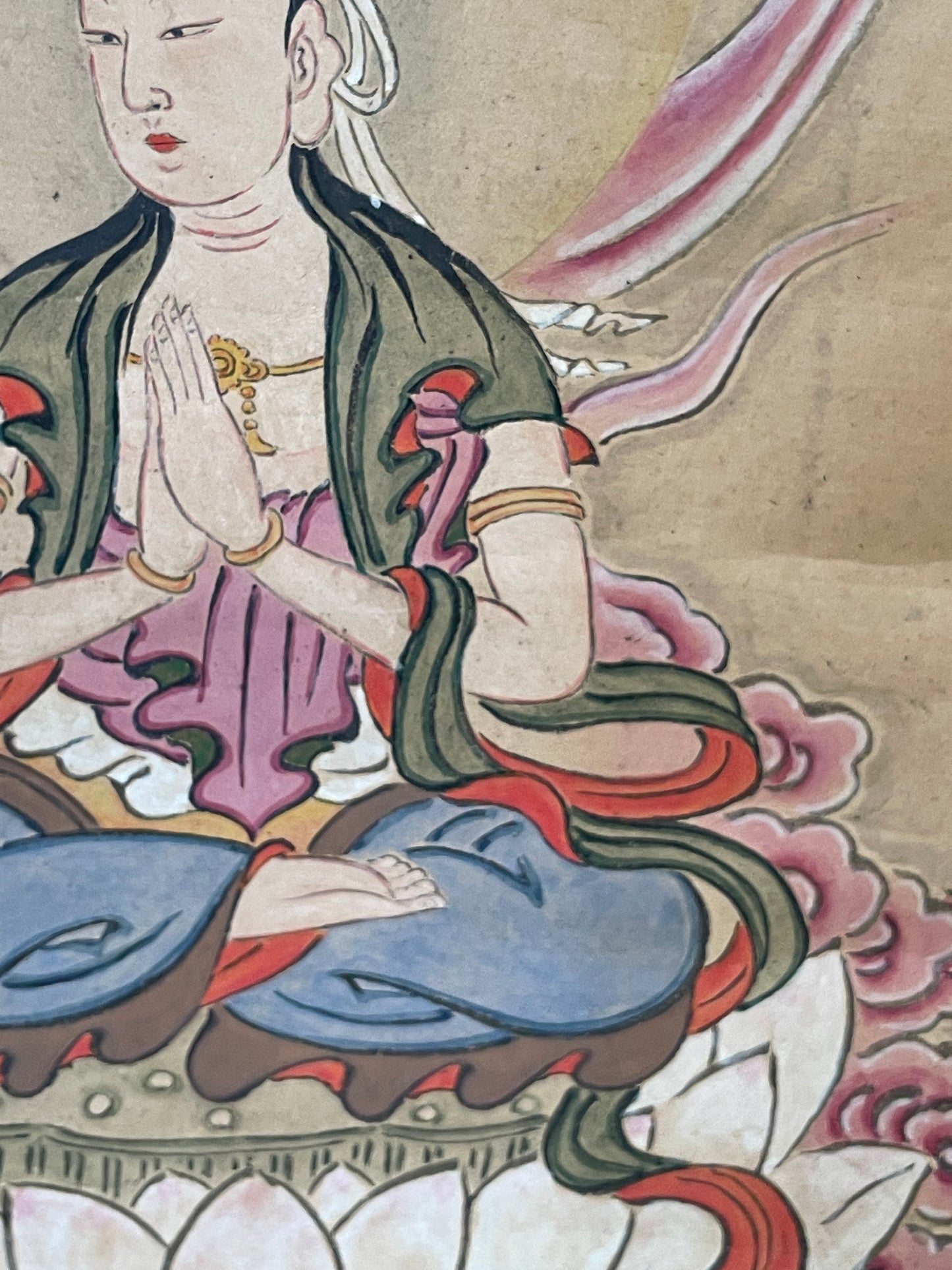 1890–1920 Buddhist Hanging Scroll Kannon Bosatsu on a Lotus Throne (観音菩薩図) by Wayōsai  (Approximately 34X124CM)