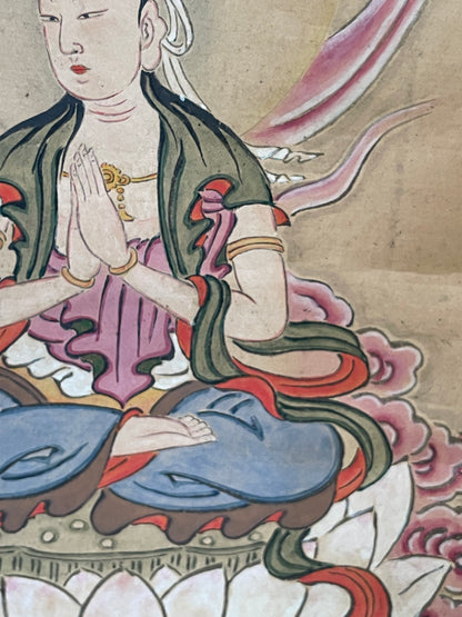 1890–1920 Buddhist Hanging Scroll Kannon Bosatsu on a Lotus Throne (観音菩薩図) by Wayōsai  (Approximately 34X124CM)