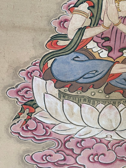 1890–1920 Buddhist Hanging Scroll Kannon Bosatsu on a Lotus Throne (観音菩薩図) by Wayōsai  (Approximately 34X124CM)