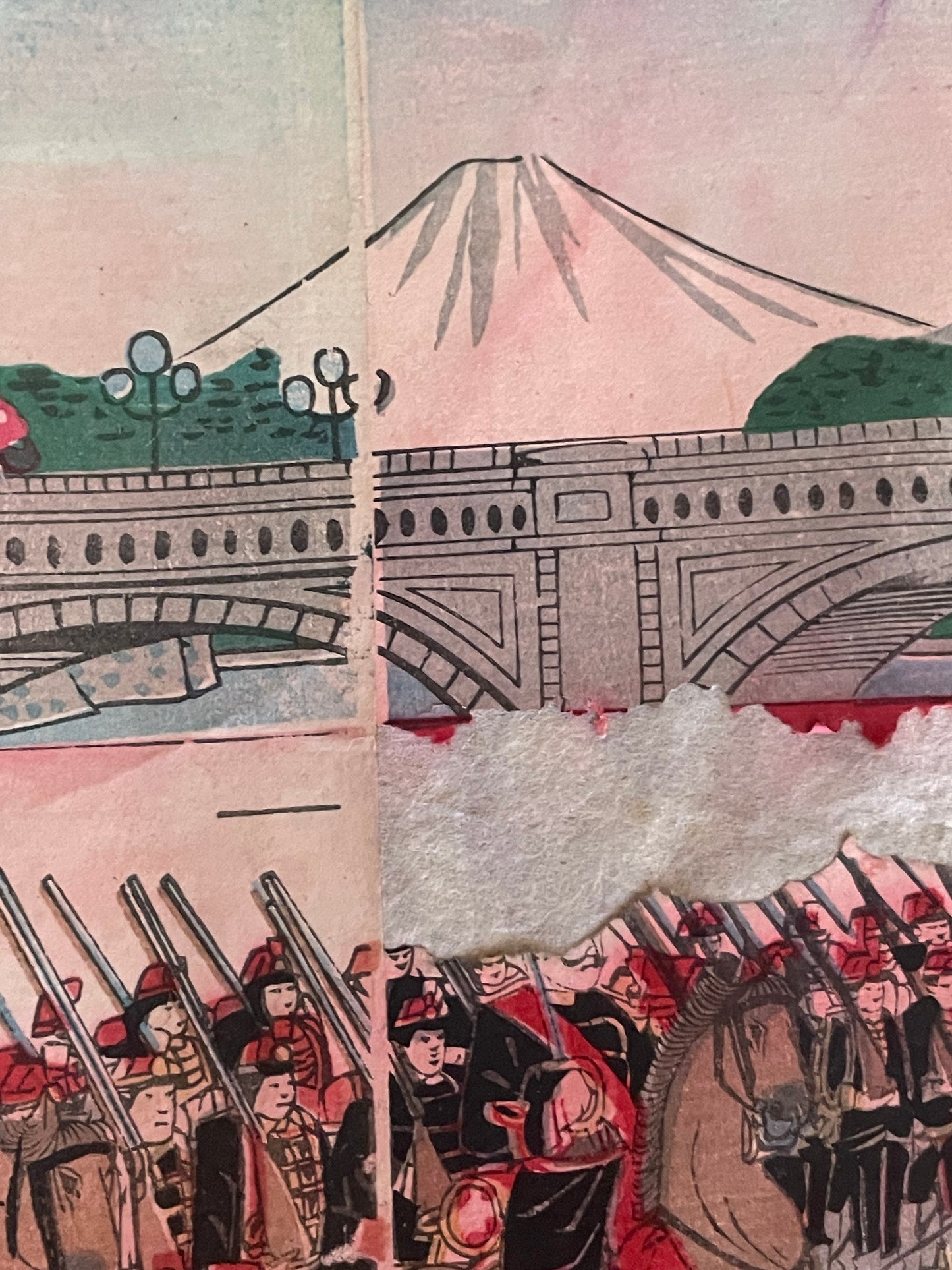 Meiji 1894 Ukiyo-e Nijūbashi Imperial Phoenix Carriage Procession by Utagawa Kunitoshi (Approximately 38X75CM)