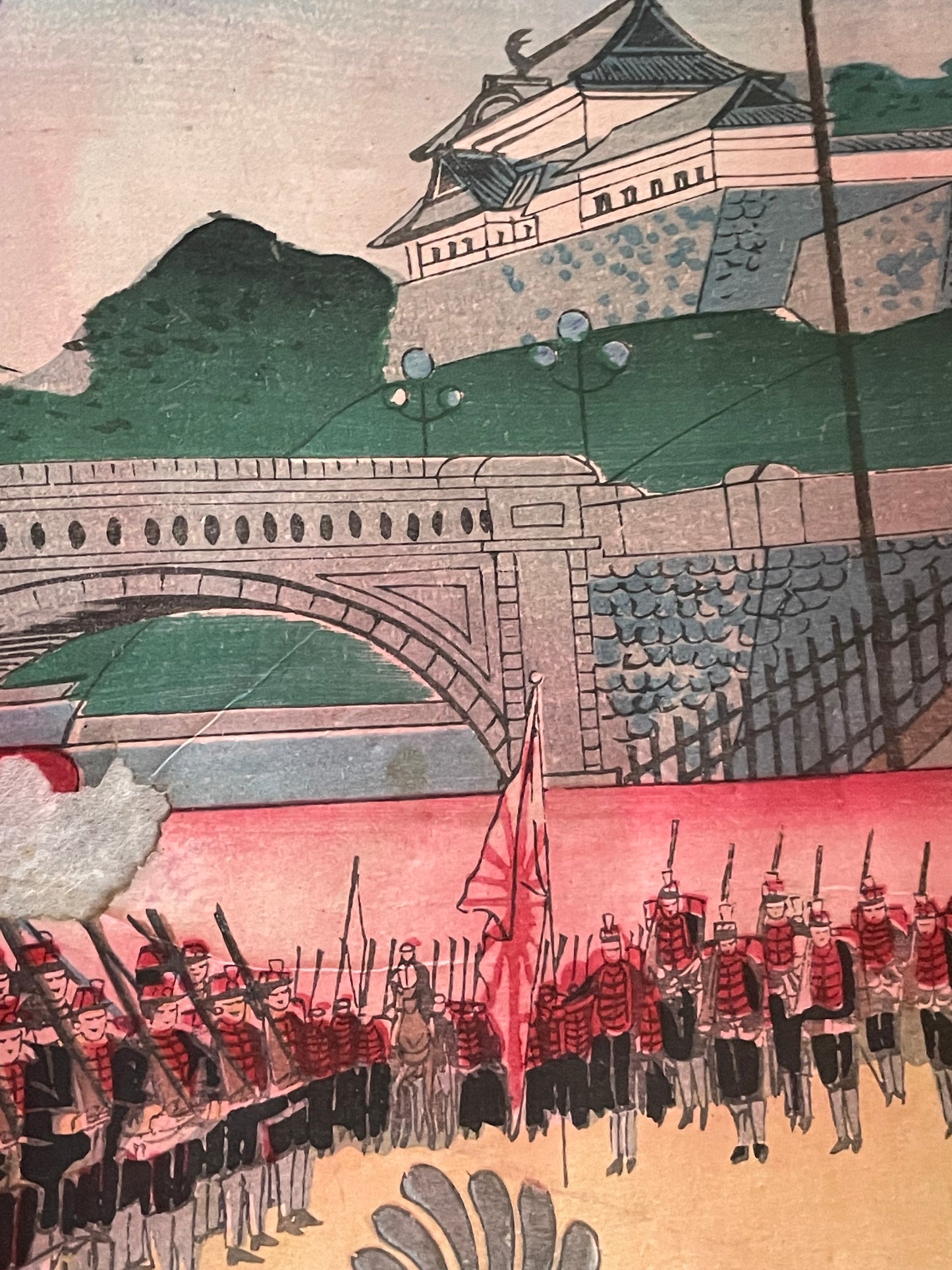 Meiji 1894 Ukiyo-e Nijūbashi Imperial Phoenix Carriage Procession by Utagawa Kunitoshi (Approximately 38X75CM)