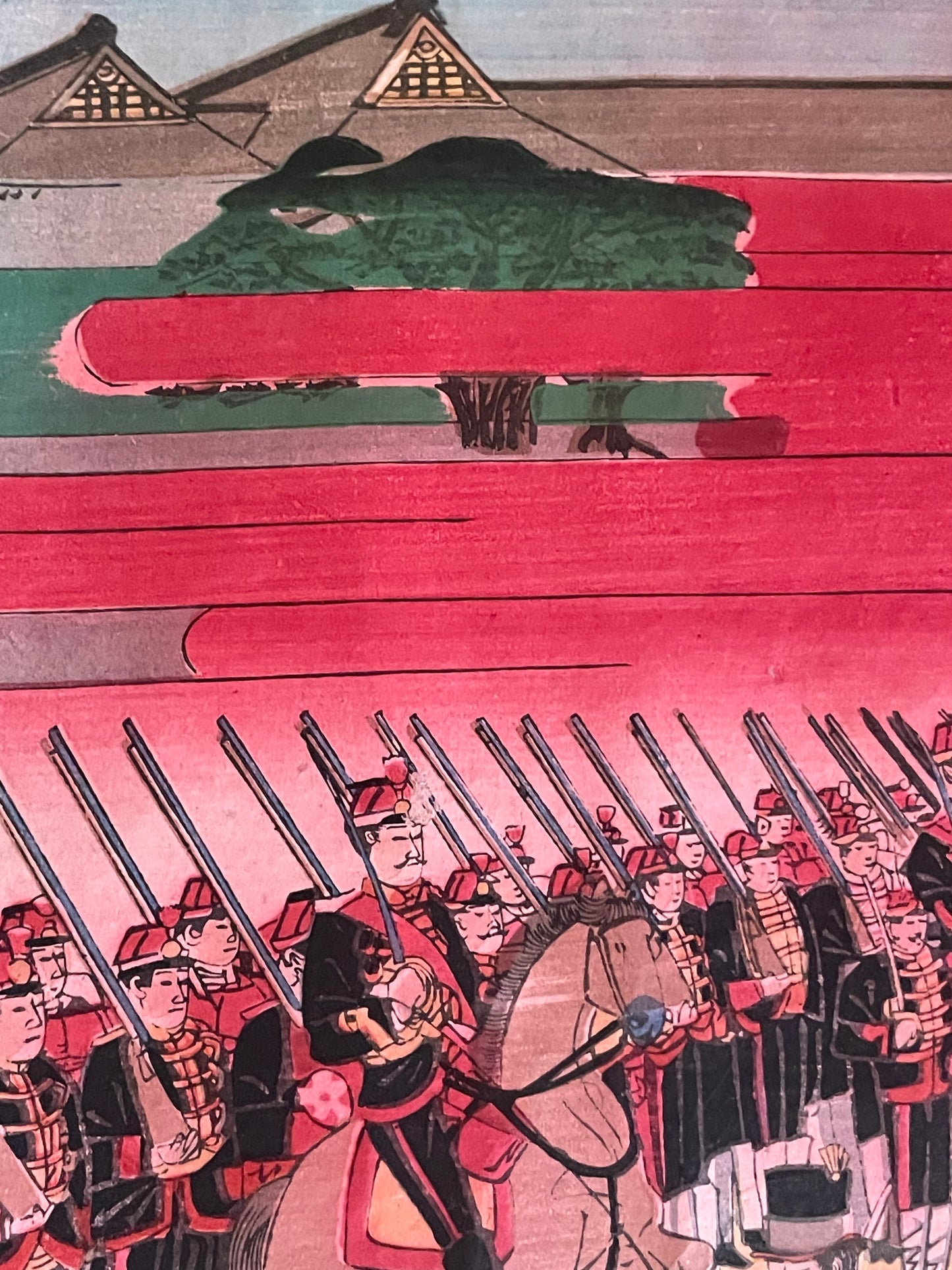 Meiji 1894 Ukiyo-e Nijūbashi Imperial Phoenix Carriage Procession by Utagawa Kunitoshi (Approximately 38X75CM)