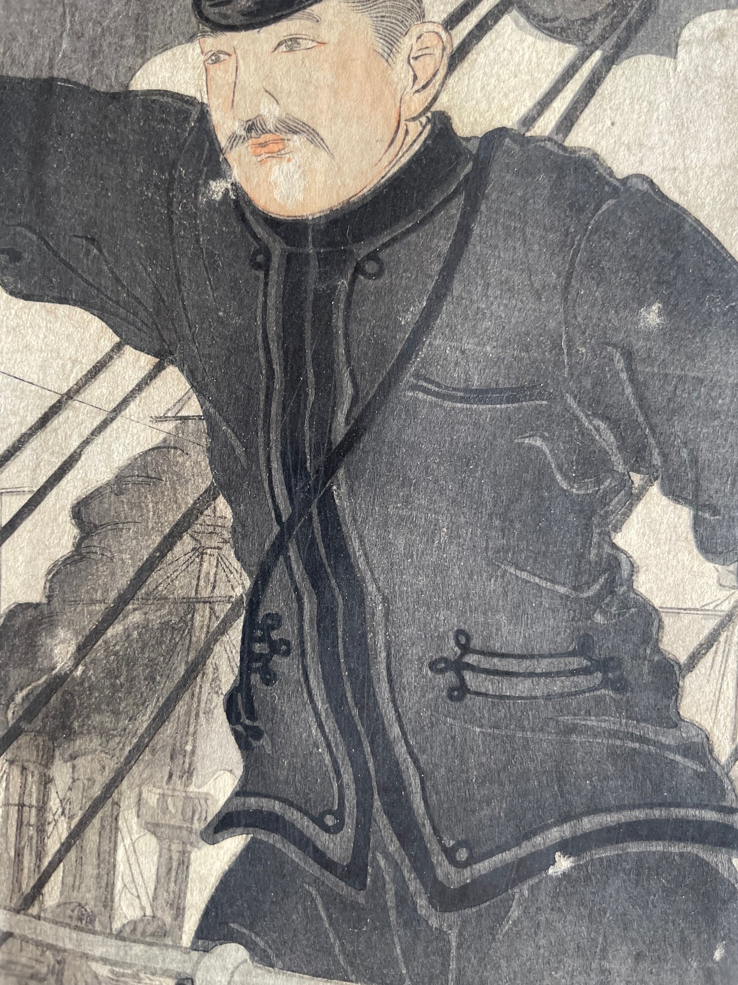 Meiji 1904 Ukiyo-e "Prince Kikumaro Aboard the Yakumo" by Takahashi Yoshikuni (Approximately 38X75CM)